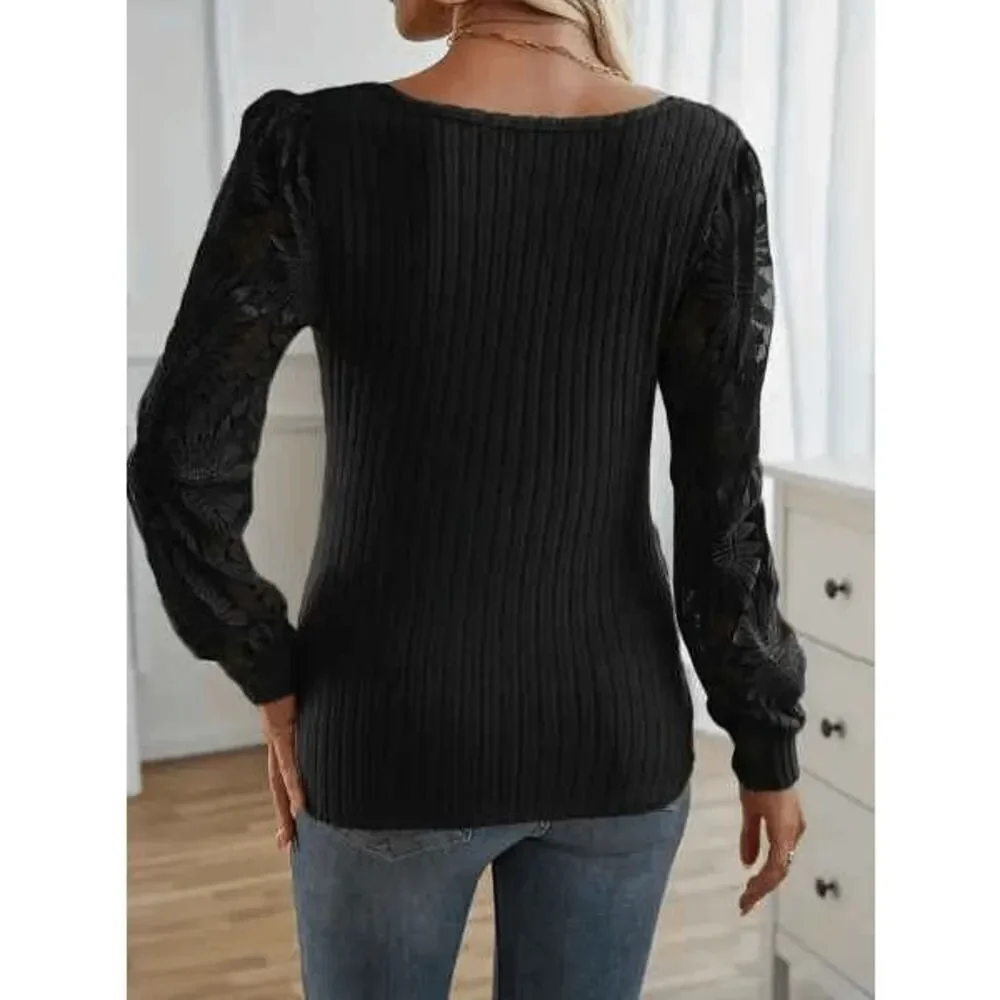 Lace Floral Long Sleeve Sweetheart Neckline Blouse Top Shirt